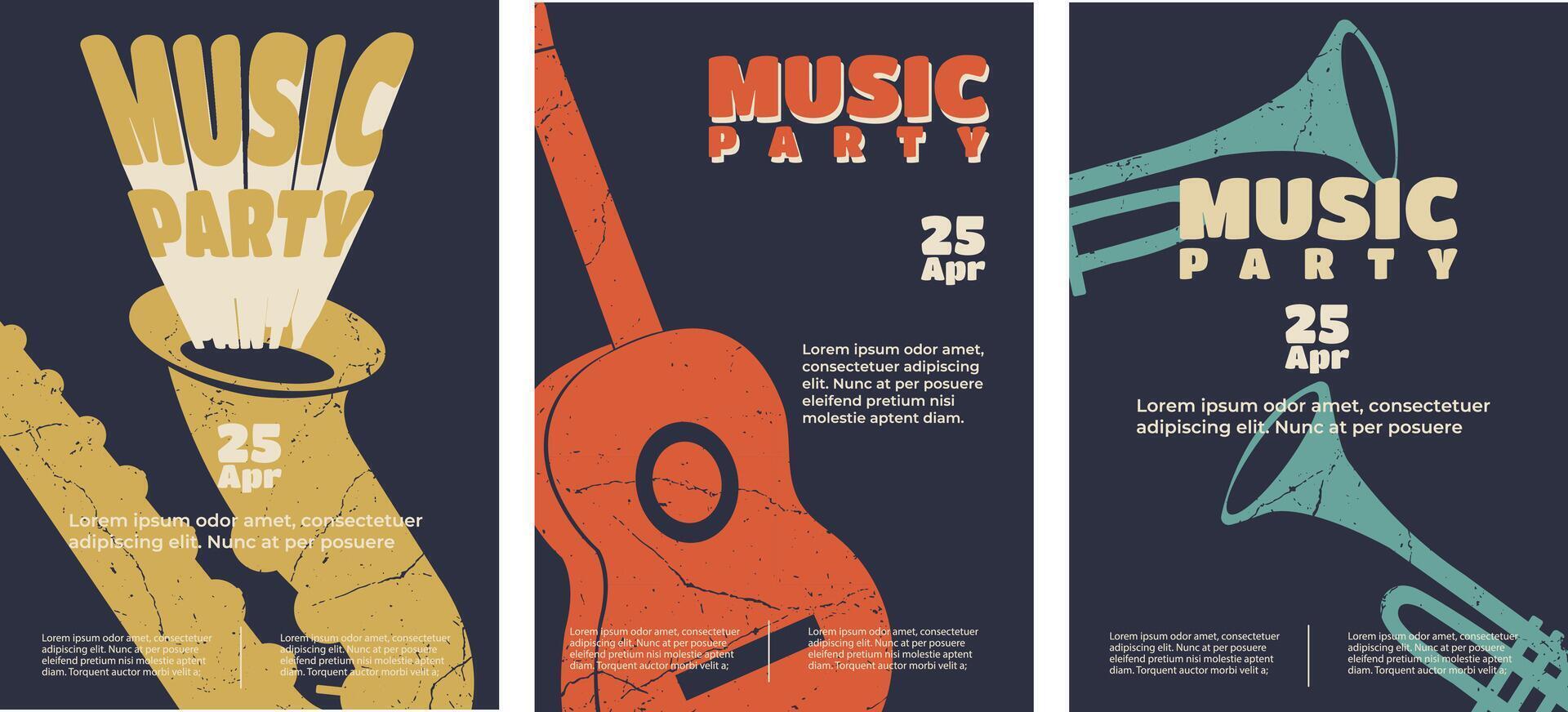 Set of modern posters for retro style music party with live music. Concept of musical lifestyle, music parties,creativity, inspiration, imagination, imagination, advertising vector