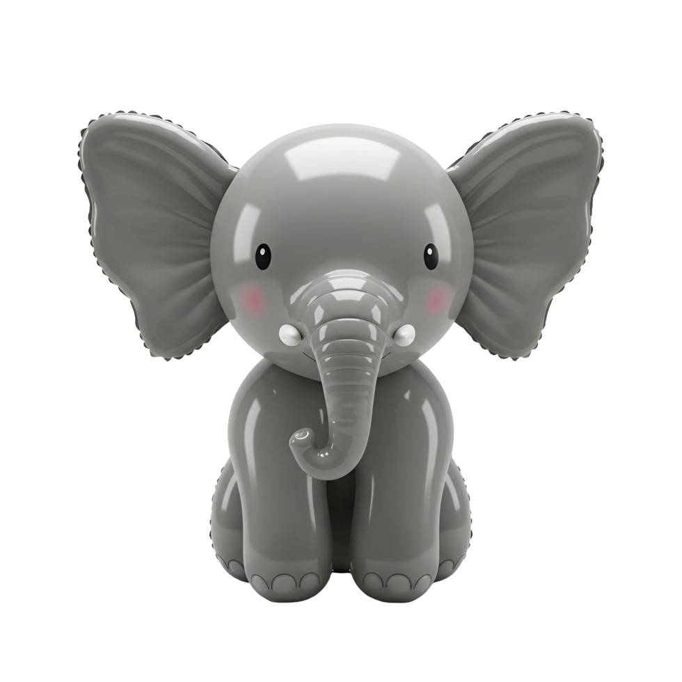 A glossy gray elephant figurine with pink cheeks and small tusks sitting upright in a studio setting transparent background png