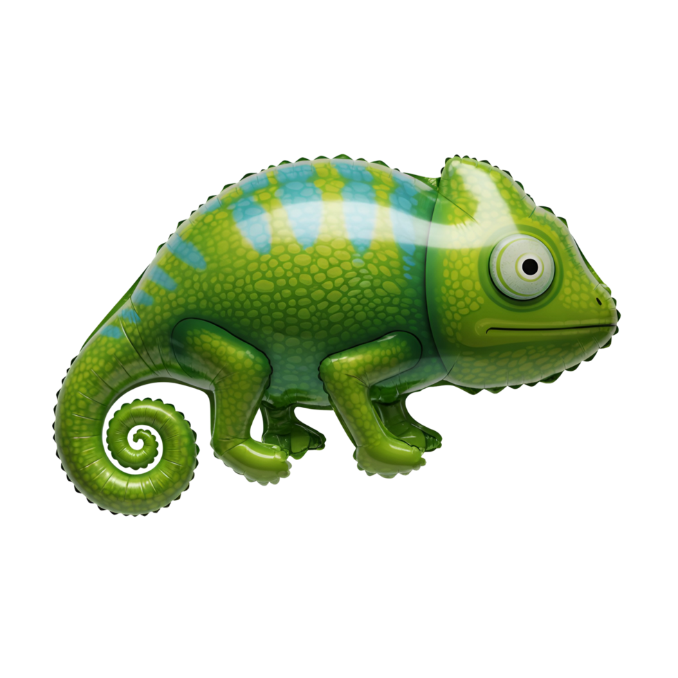 A vibrant inflatable chameleon with blue stripes isolated against a solid color setting transparent background png