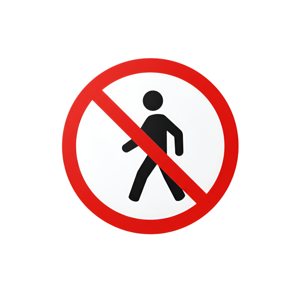 A prohibition sign with a silhouette of a person walking inside a red circle with a diagonal line transparent background png