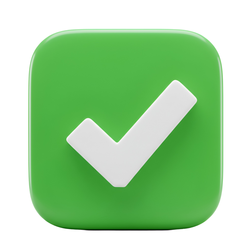A green square with rounded corners featuring a white check mark symbol in the center of the shape transparent background png
