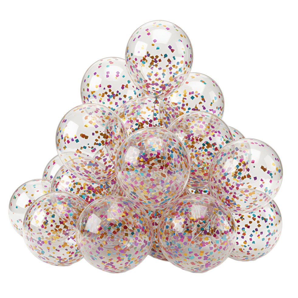 A collection of transparent balloons filled with colorful confetti arranged in a pyramid shape design transparent background png
