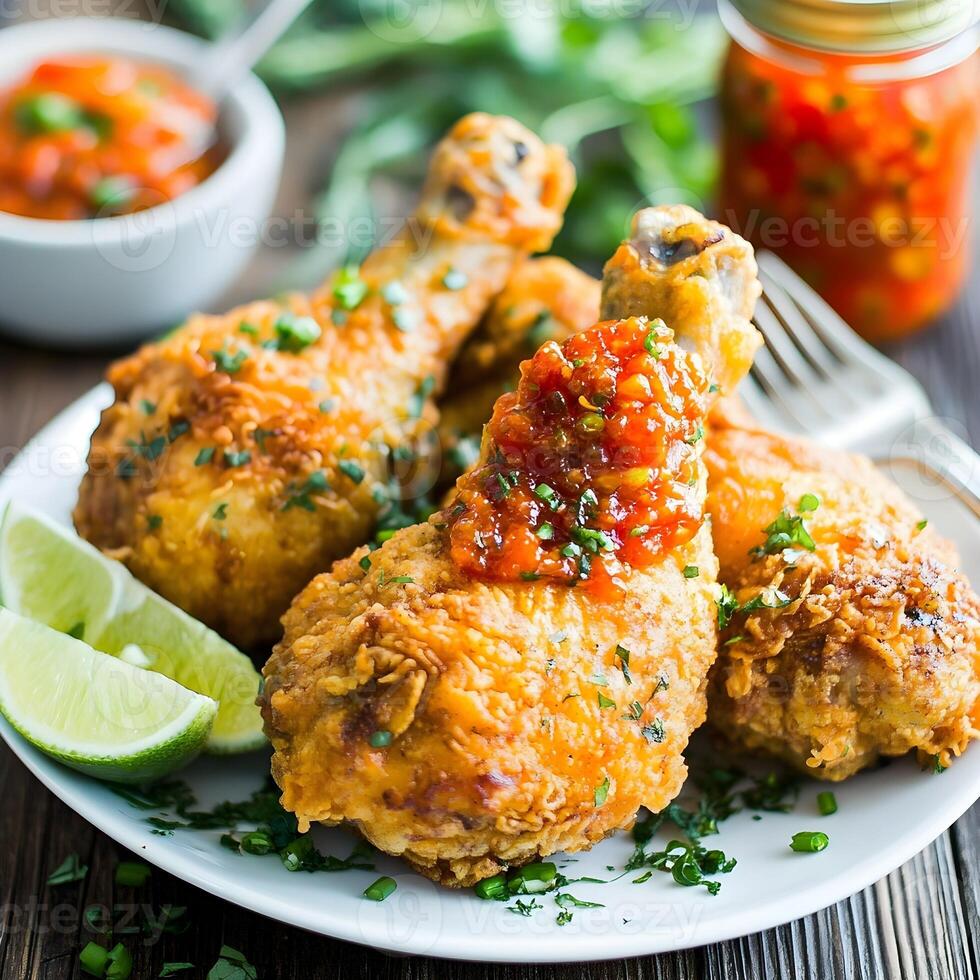 chicken drumsticks with salsa and lime wedges photo