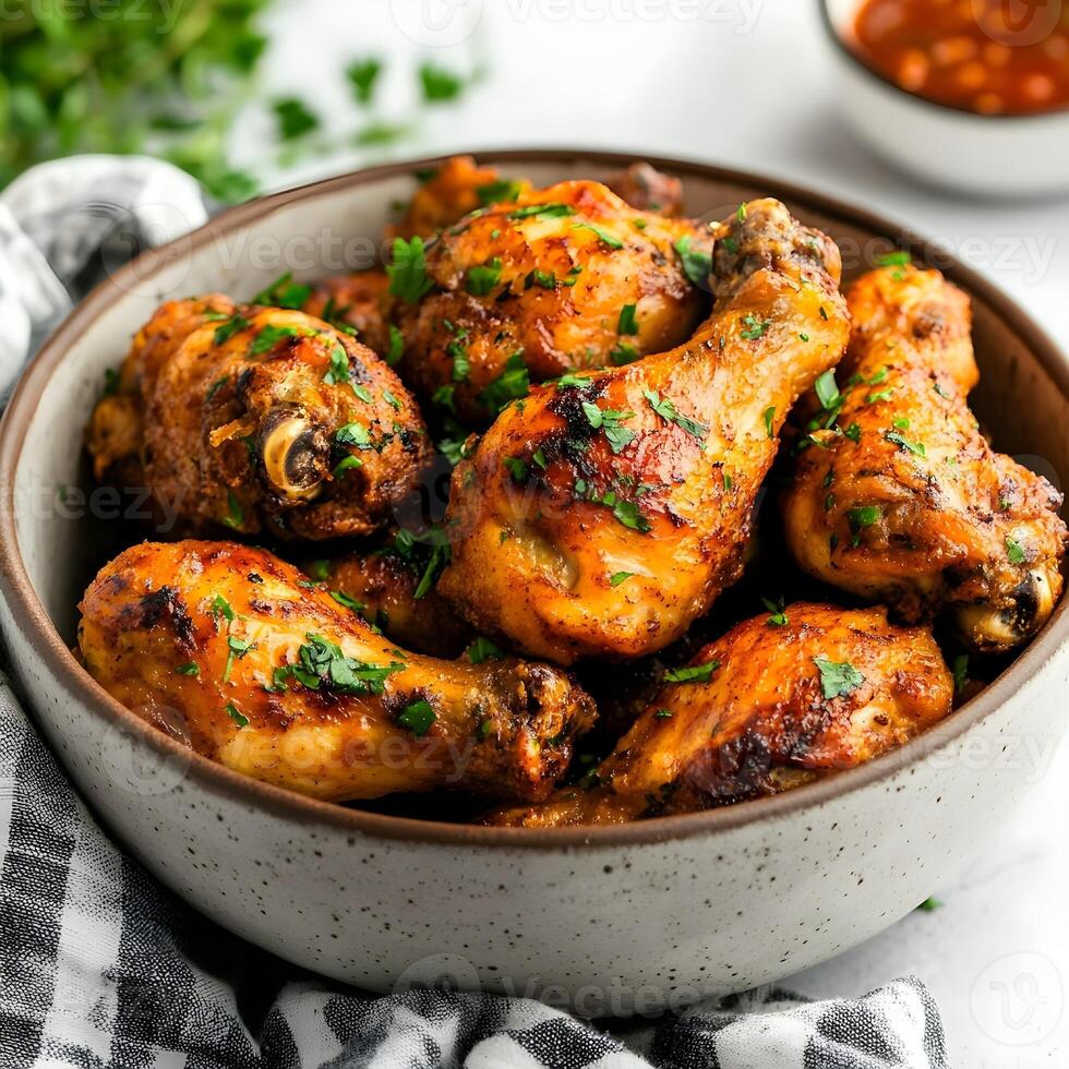 chicken drumsticks in a bowl with sauce and garnish photo