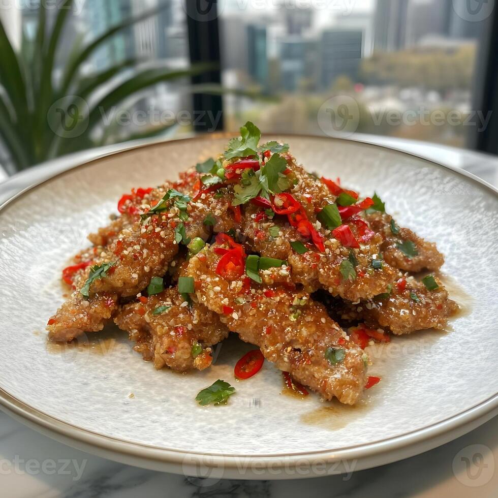 a plate of chicken with sesame seeds and red peppers photo
