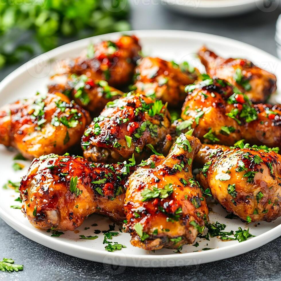 chicken drumsticks with a sauce and herbs photo