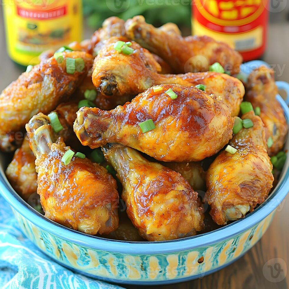 chicken wings in a bowl with a bottle of sauce and a bottle of ketchup photo