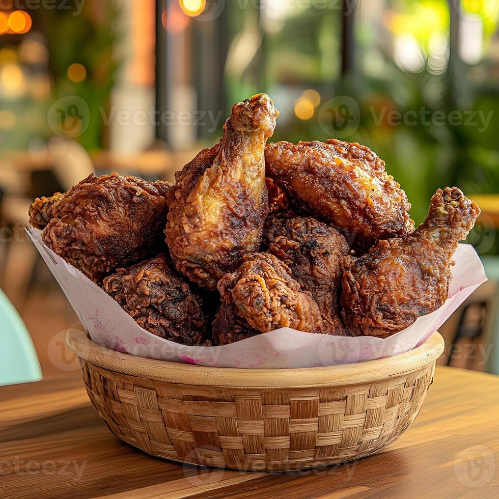 a basket of fried chicken sitting on top of a wooden table photo