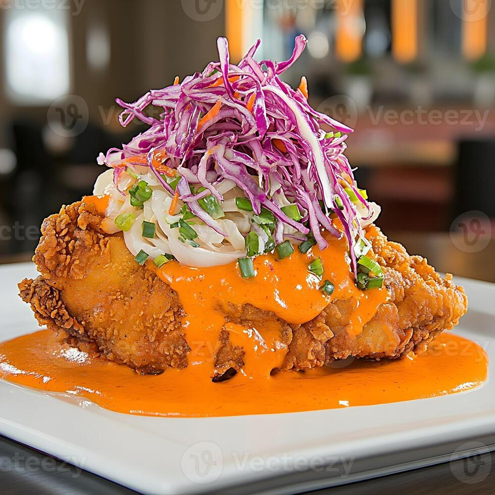 a plate with a fried chicken covered in sauce photo
