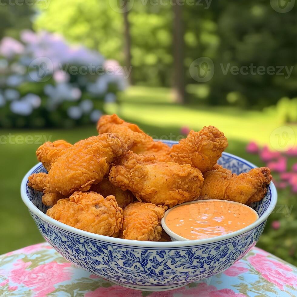 a bowl of fried chicken with dipping sauce on a table photo