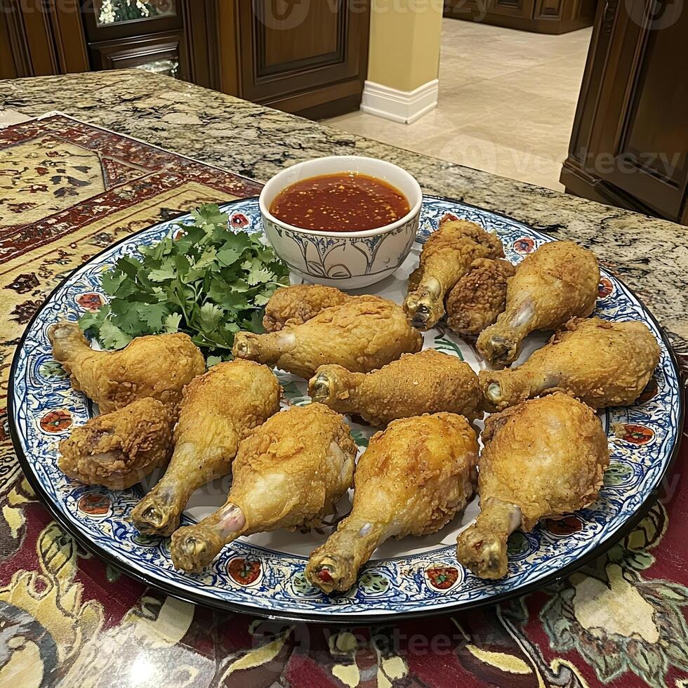 chicken wings on a plate with a bowl of sauce photo