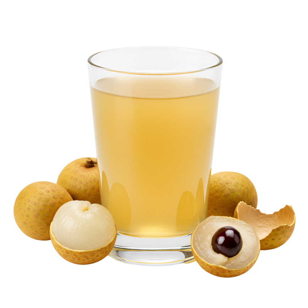 A glass filled with juice surrounded by several longan fruits on a plain solid color surface transparent background png