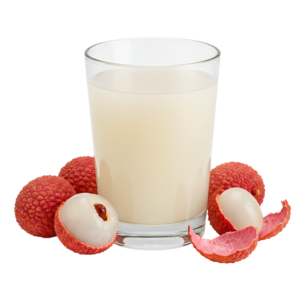 A glass filled with a light beverage surrounded by several lychees and lychee peels nearby it transparent background png