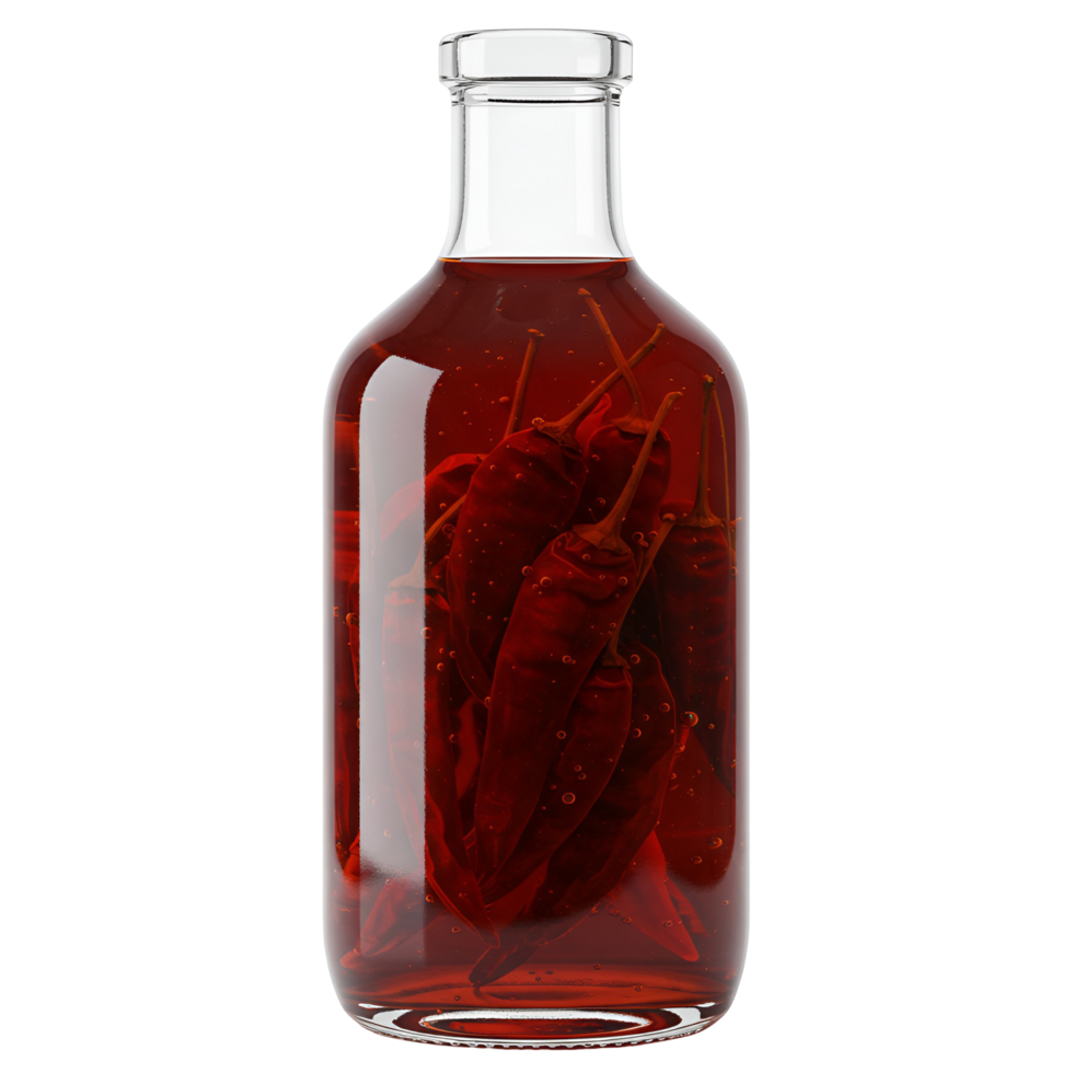 A clear glass bottle filled with liquid and several red chili peppers inside against a plain scene transparent background png