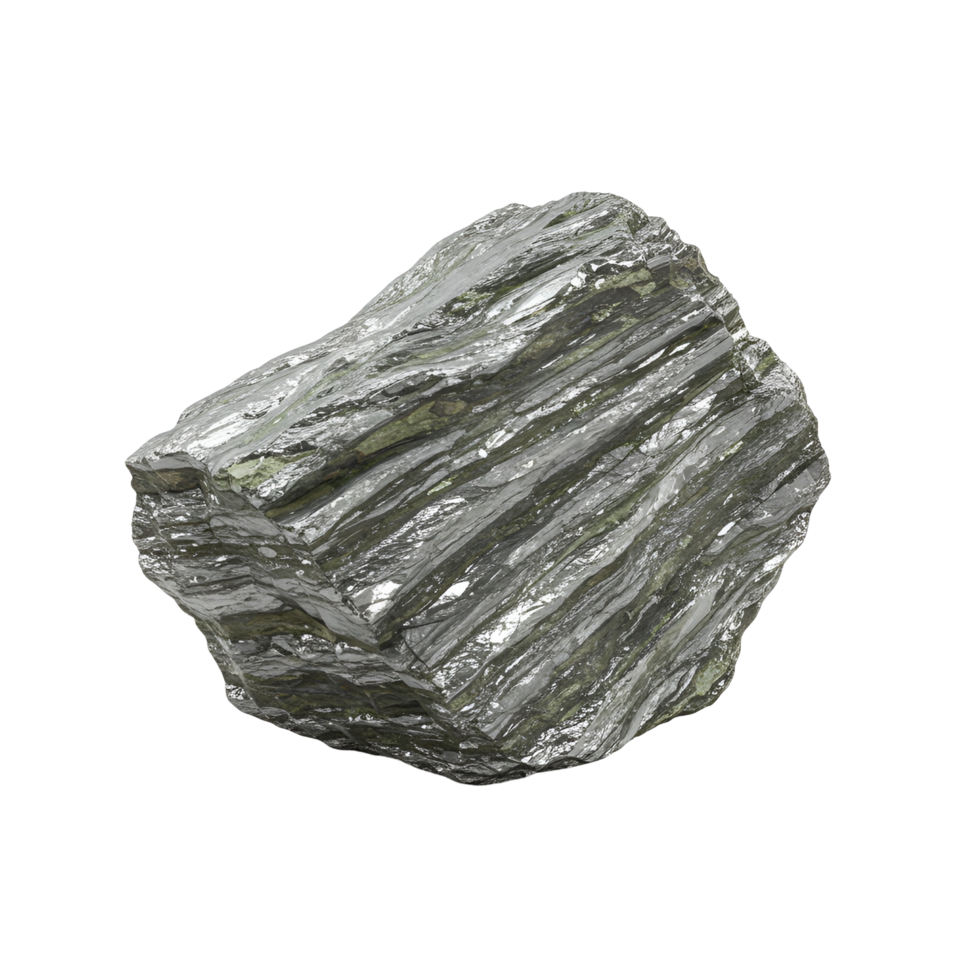 A shiny metallic rock with layered texture isolated against a solid colored plain backdrop view from below transparent background png
