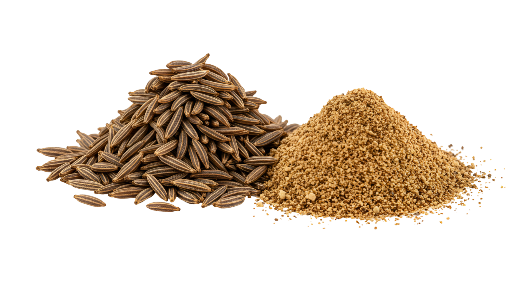 Close up of whole and ground cumin piles against a solid color studio shot for product photography transparent background png