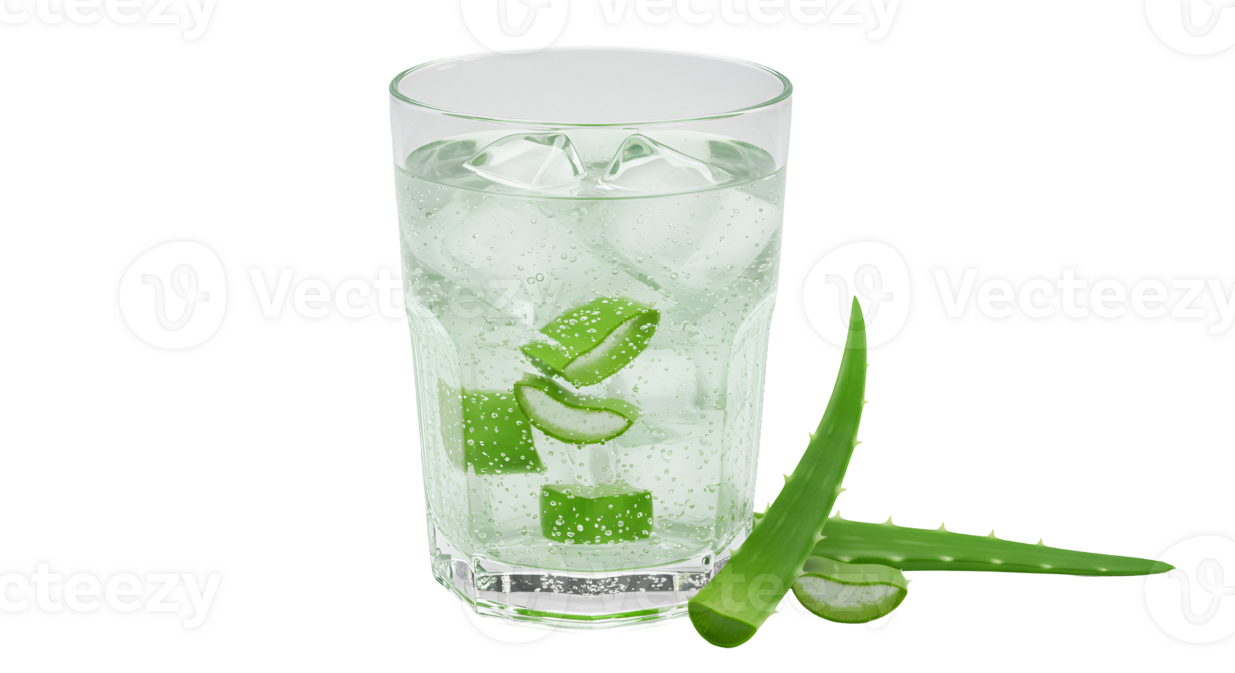 A refreshing beverage with ice cubes and sliced aloe vera in a clear glass on a simple setting transparent background png