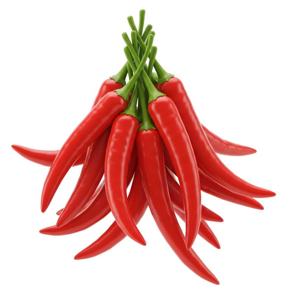 A bunch of vibrant scarlet chili peppers tied together with green stems on a plain backdrop transparent background png