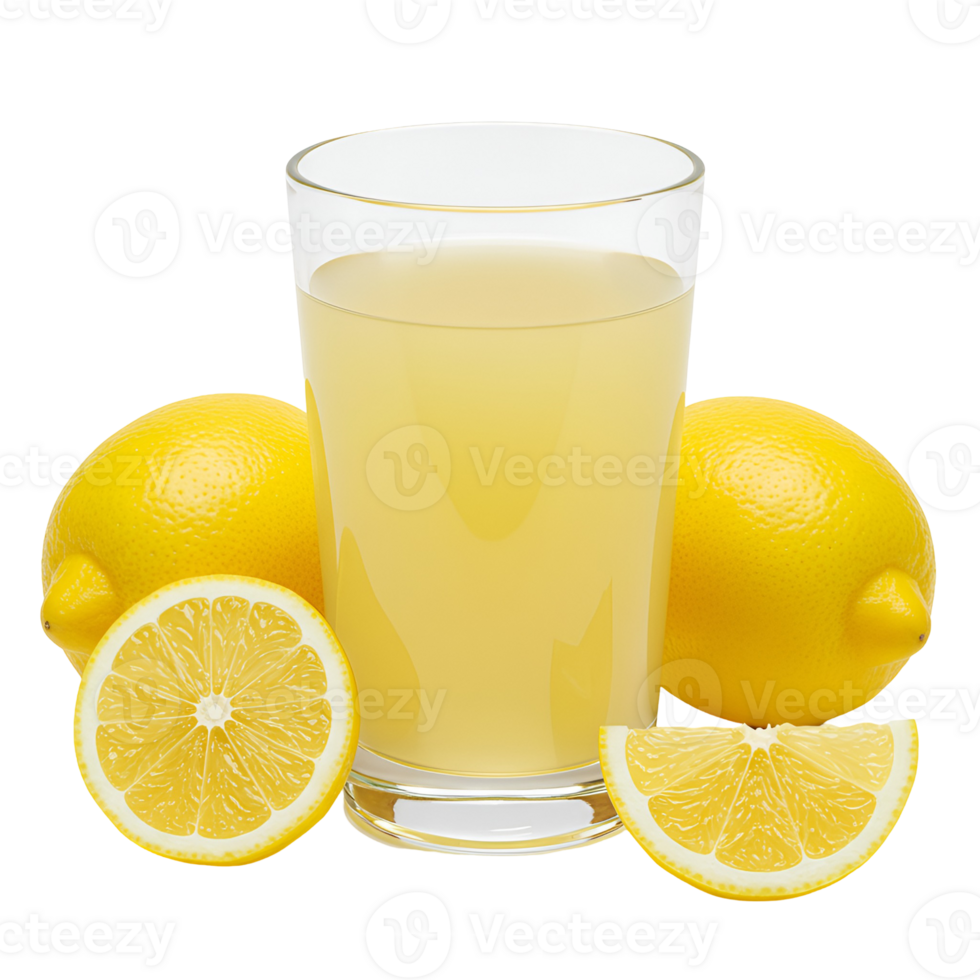 A glass of yellow liquid with whole and sliced lemons on a plain colored simple studio scene view transparent background png
