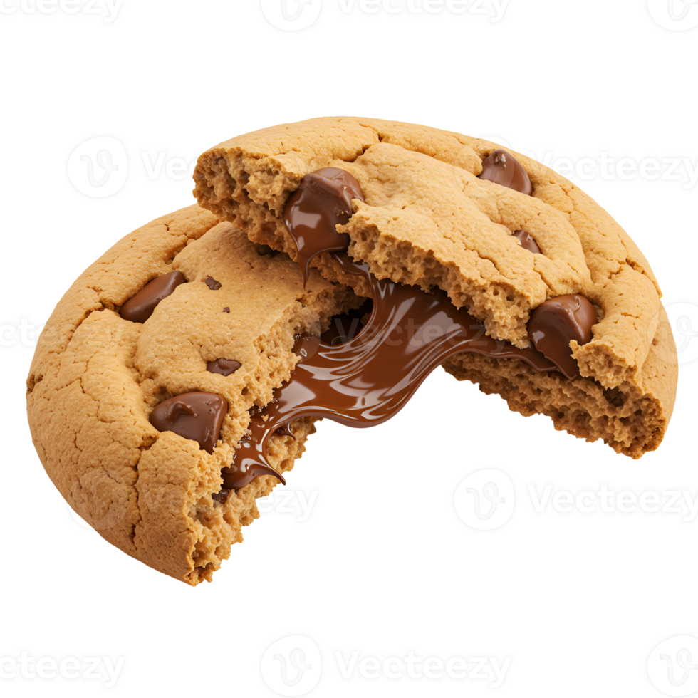 A broken cookie with chocolate chips and melted chocolate on a plain colored surface close up shot transparent background png