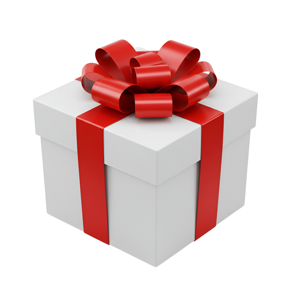 A white present box with a vibrant red ribbon and bow isolated on a plain surrounding space transparent background png