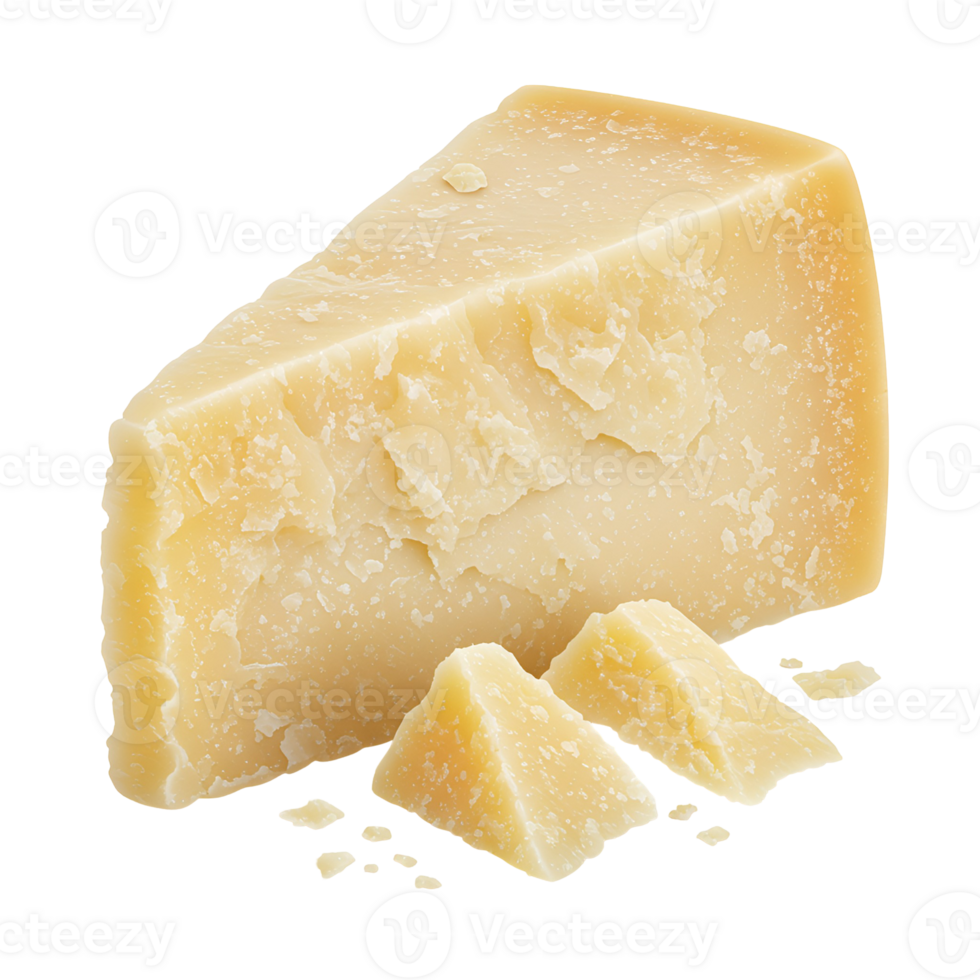 A wedge of parmesan cheese with smaller pieces on a plain backdrop in a studio setting with light transparent background png