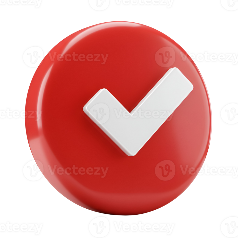 A vibrant illustration featuring a white check mark on a glossy red circle, isolated on a plain space transparent background png