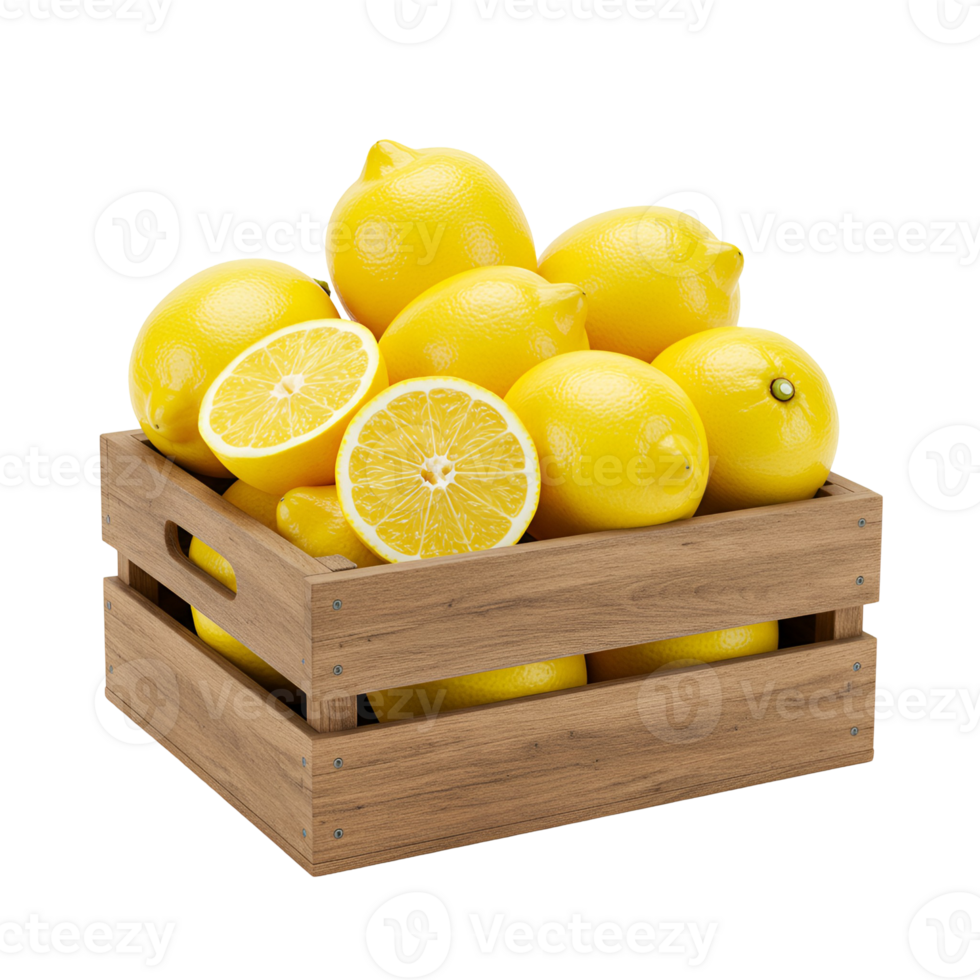 A wooden crate filled with several bright yellow lemons and lemon halves on a simple setting transparent background png