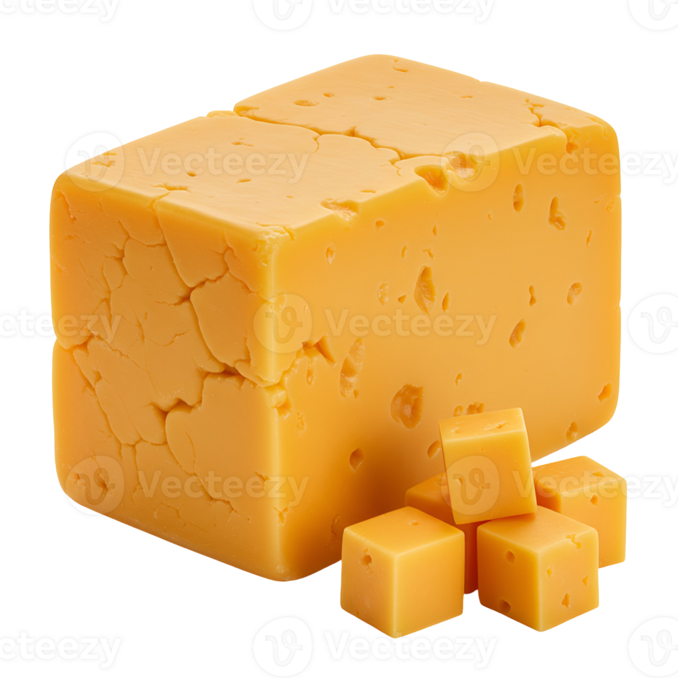 A large block of cheddar cheese with smaller cubes around it on a plain studio style setting transparent background png
