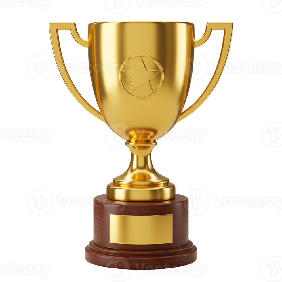 A shiny trophy with a star emblem on a wooden base gleaming against a simple plain backdrop transparent background png