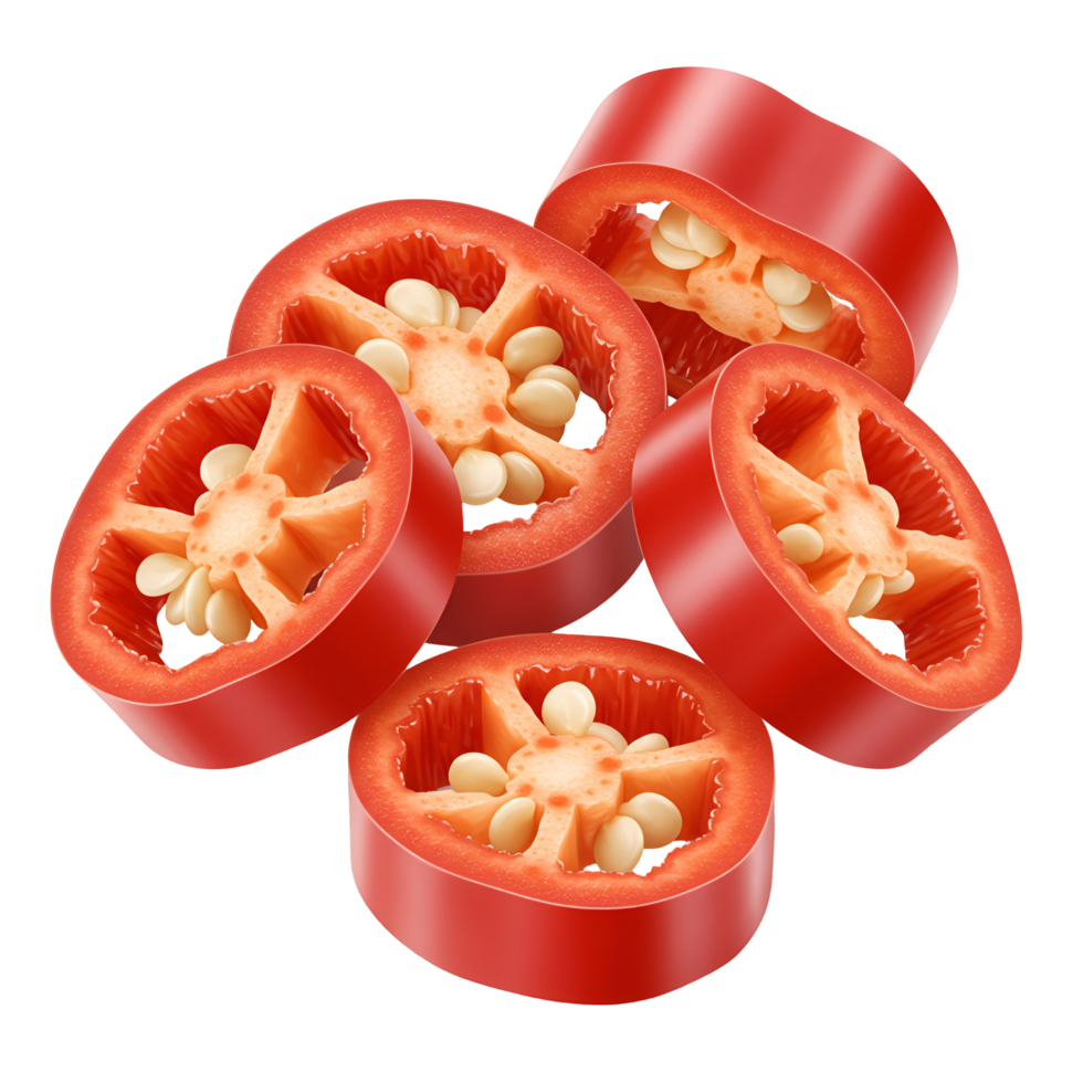 A vibrant stack of sliced chili peppers displaying their seeds on a plain, solid color setting stage transparent background png