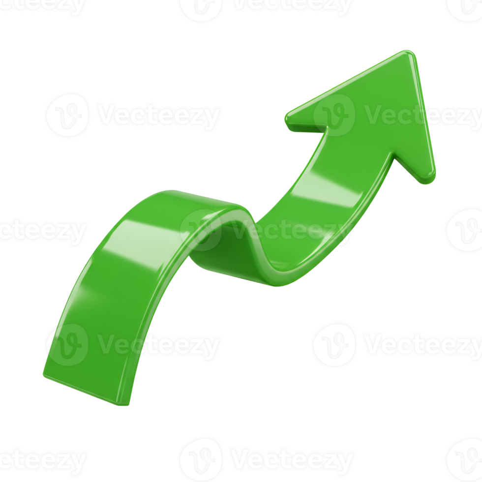 A glossy lime arrow curves upward against a plain setting suggesting growth and positive directionality transparent background png