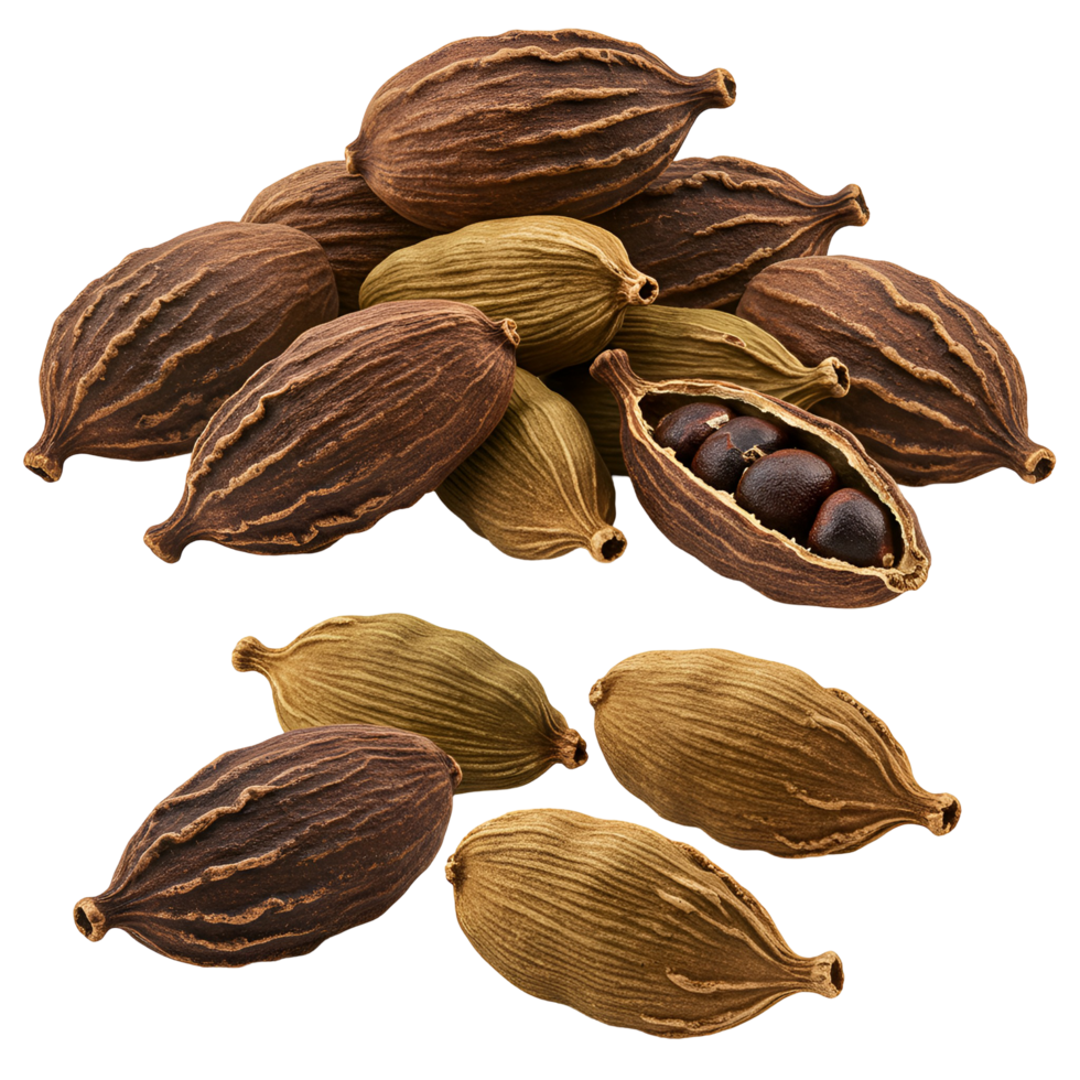 A group of cardamom pods arranged with one pod opened on a plain studio setting showing the seeds transparent background png