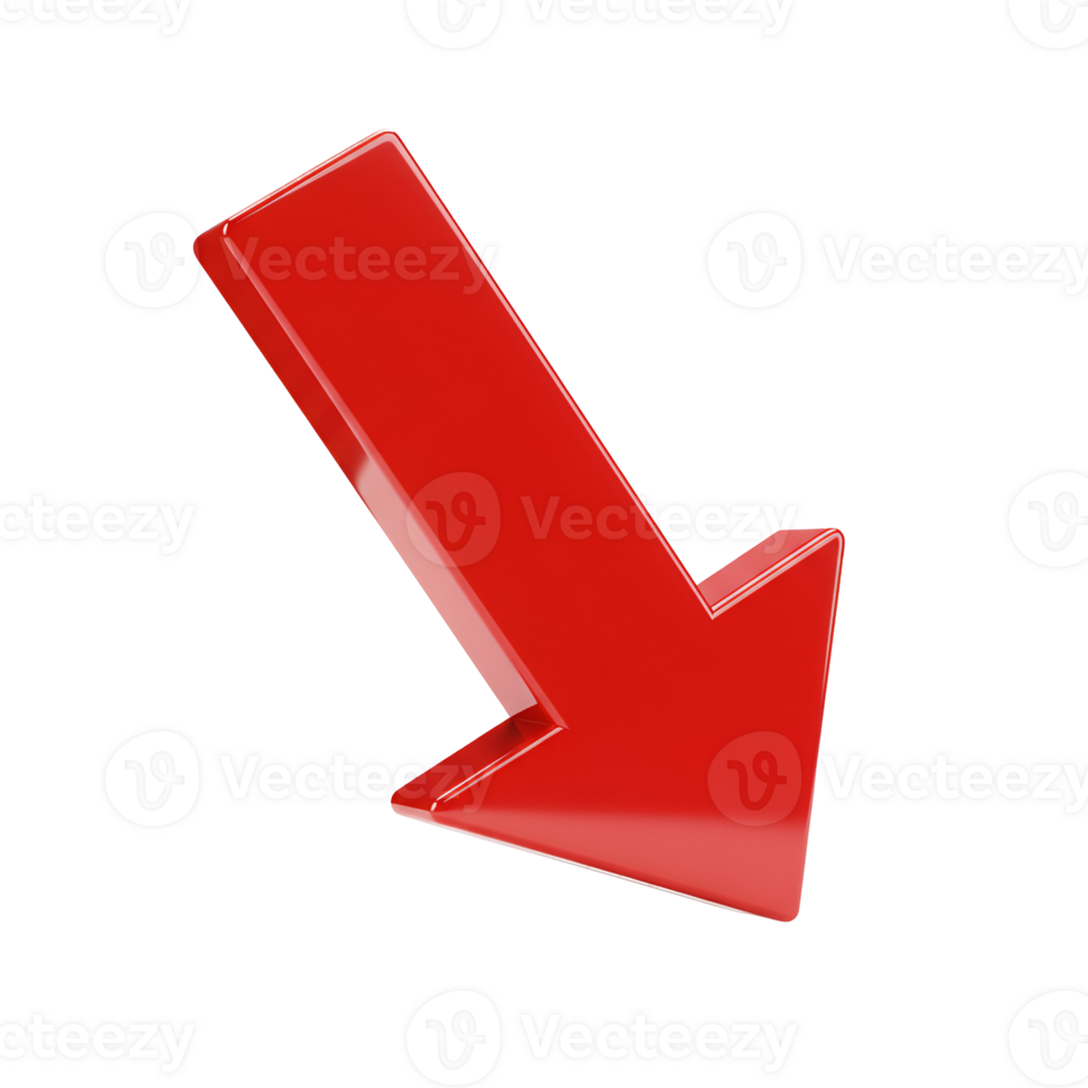 A glossy red arrow pointing diagonally downwards against a solid colored simple plain flat surface transparent background png