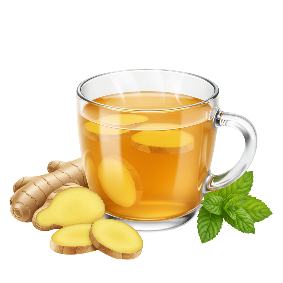 Claro caneca preenchidas com gengibre chá e fatias Próximo para fresco gengibre e hortelã folhas em uma avião pano de fundo transparente fundo png