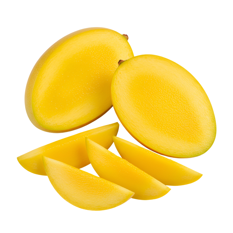 Two whole mangos and four mango slices arranged on a solid color plain simple studio style photograph transparent background png