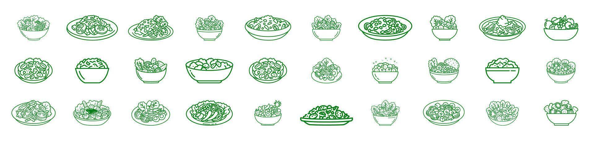 icon set. Contains icons designed in outline style for salad types. Simple and green themed. vector