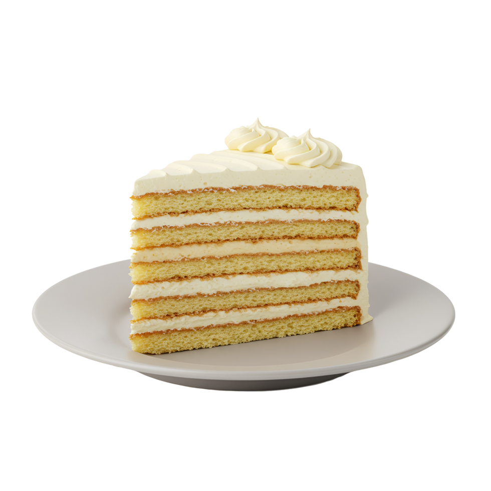 A slice of layered cake with white frosting swirls on a white plate against a plain backdrop transparent background png