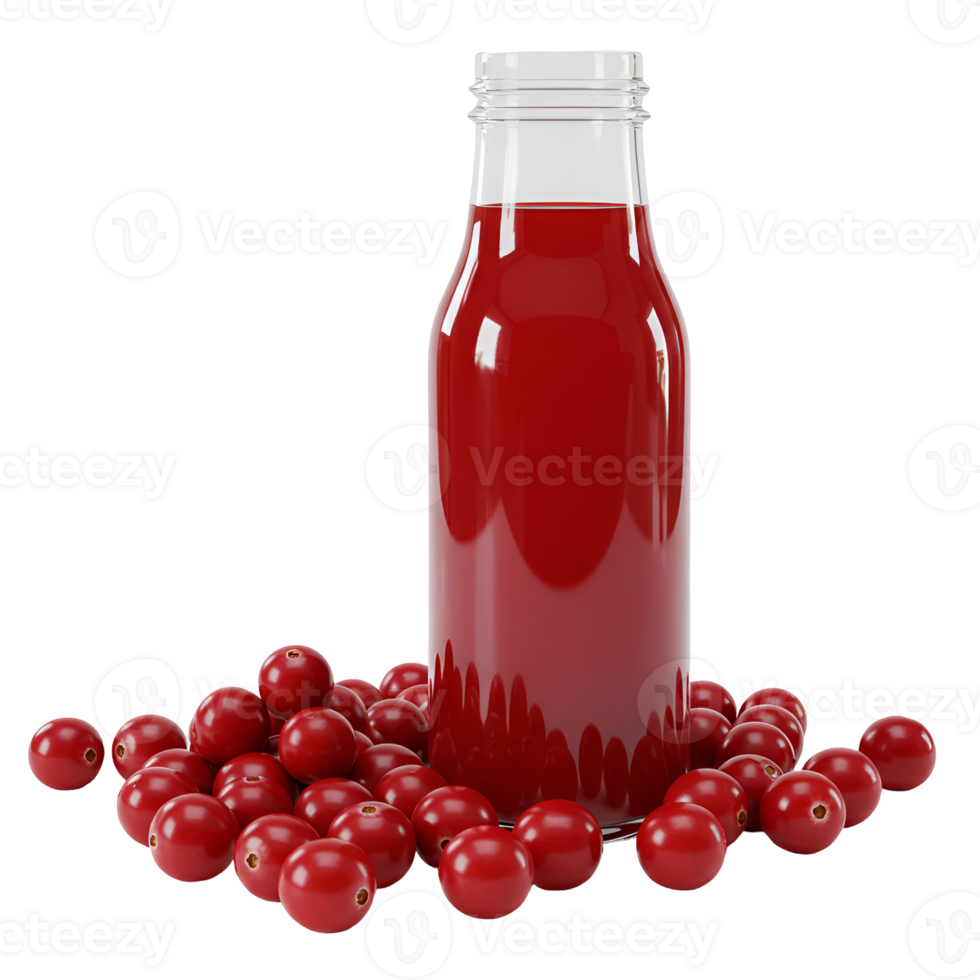 Clear bottle filled with red liquid surrounded by bright red cranberries on a plain surface transparent background png