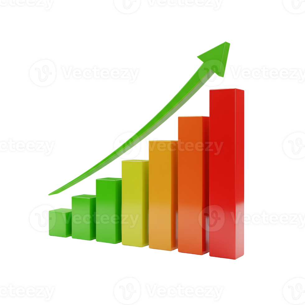 Colorful bar graph showing an upward trend with a green arrow pointing up and to the right side view transparent background png