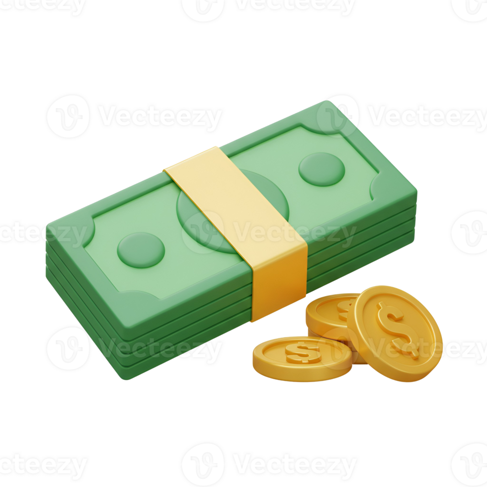 A stack of green paper currency with a gold band and gold coins on a plain simple background transparent background png