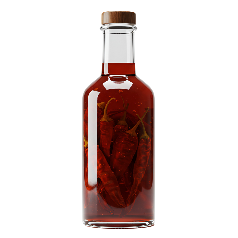 Clear bottle filled with red liquid and several chili peppers with a wooden cap on a plain space transparent background png