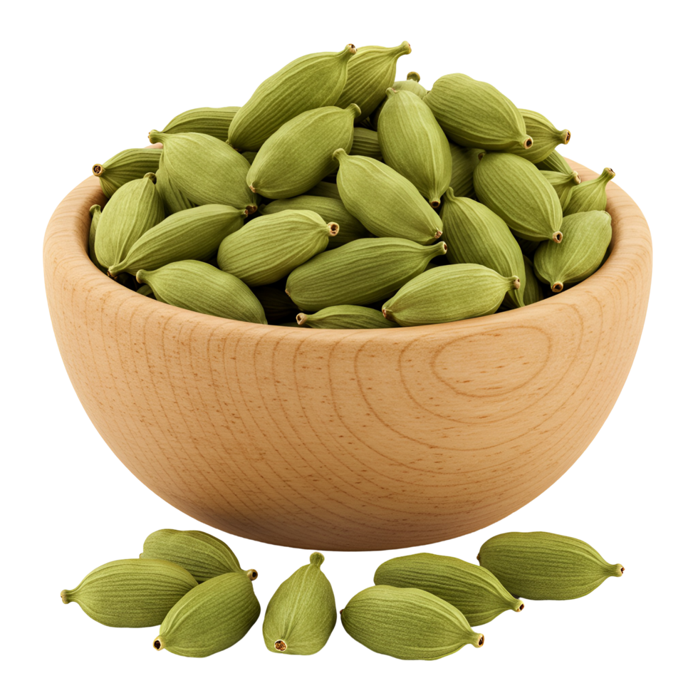 A wooden bowl filled with many green cardamom pods and some scattered on the surface around the bowl transparent background png
