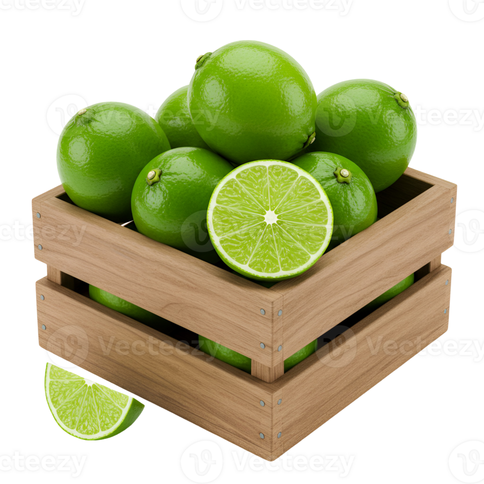 A wooden crate filled with several whole limes and a sliced lime on a plain simple setting transparent background png