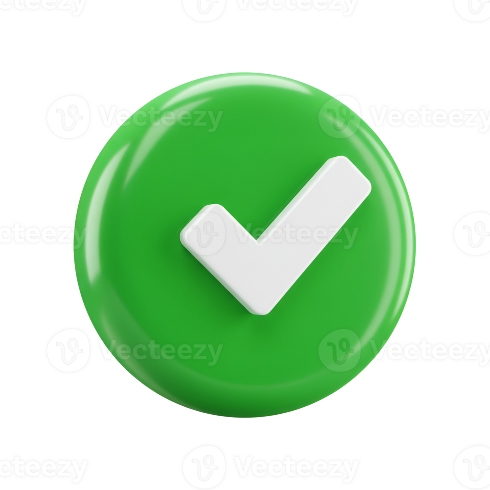 A green circle with a white check mark in the center on a plain solid color surface view from above transparent background png