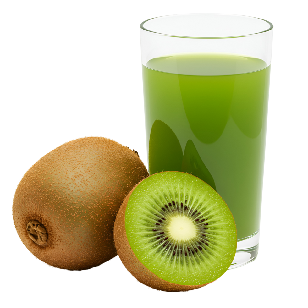 A glass of kiwi juice with two kiwis one cut in half on a plain simple colored plain simple setting transparent background png