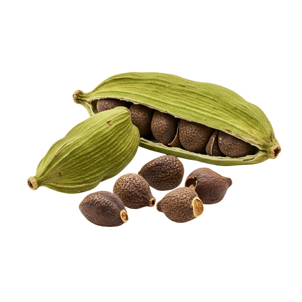 Close up of cardamom pods and seeds with a plain setting showcasing the spice in detail view transparent background png