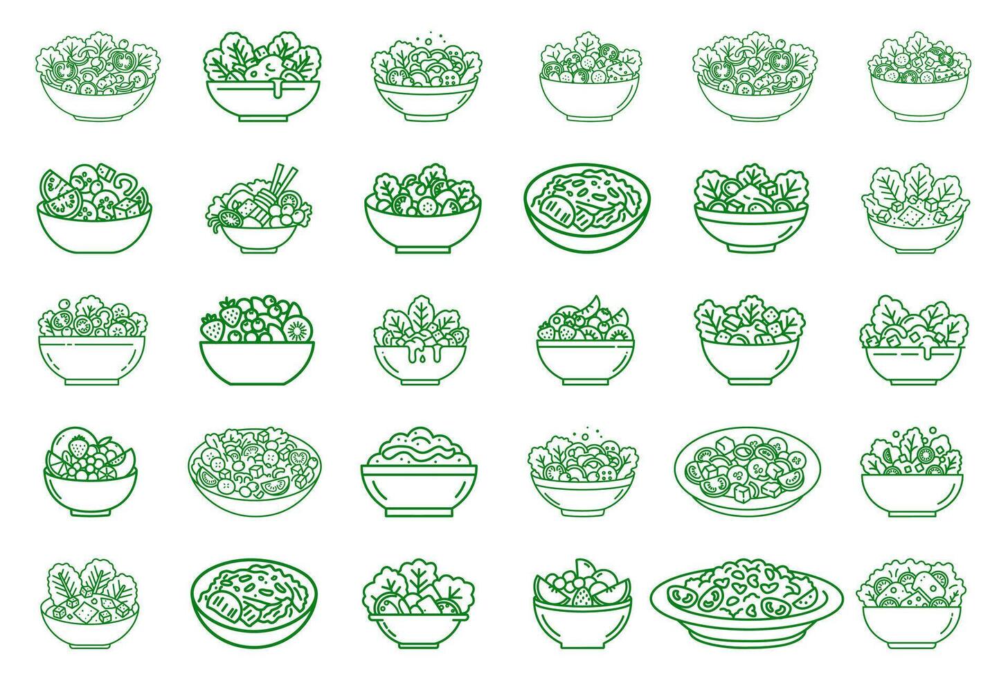 Collection of icons covering different types such as chef salad, fruit salad, garden salad. vector
