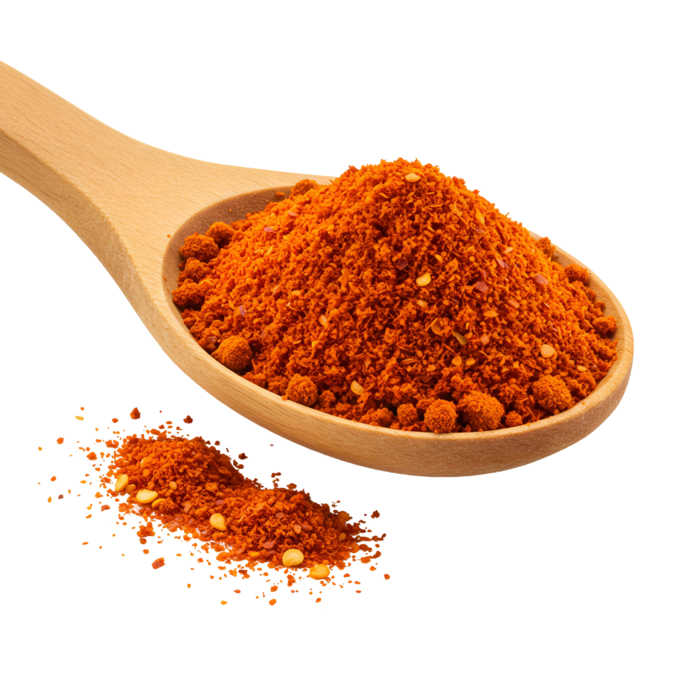 Wooden spoon holding a pile of orange spice with some spilled onto the surface around the spoon transparent background png