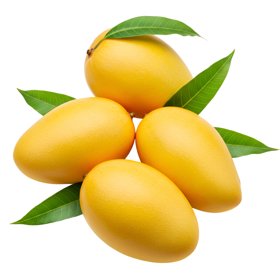 A group of four yellow mangos with green leaves arranged on a simple solid color plain surface transparent background png